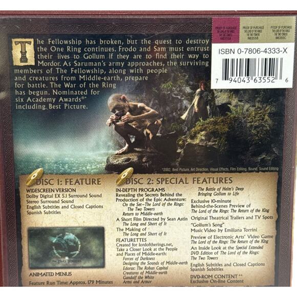 The Lord of the Rings: The Two Towers Movie 2 Discs DVD 2002 Widescreen Fantasy - Picture 6 of 10